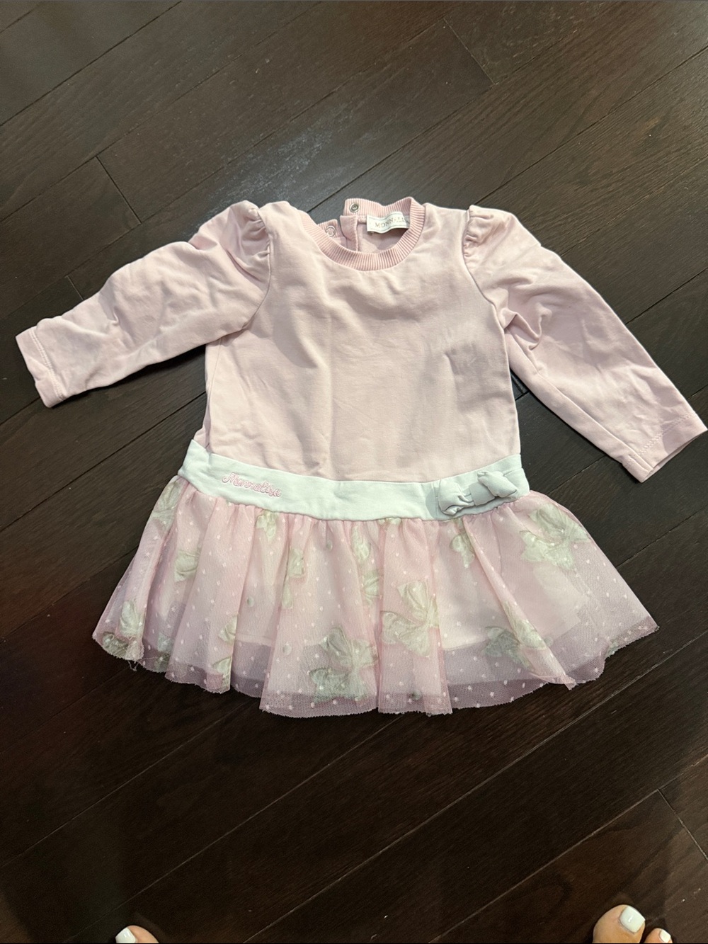 MonnaLisa Light Pink Long-Sleeve Tulle Skirt Dress with Bow Waistband